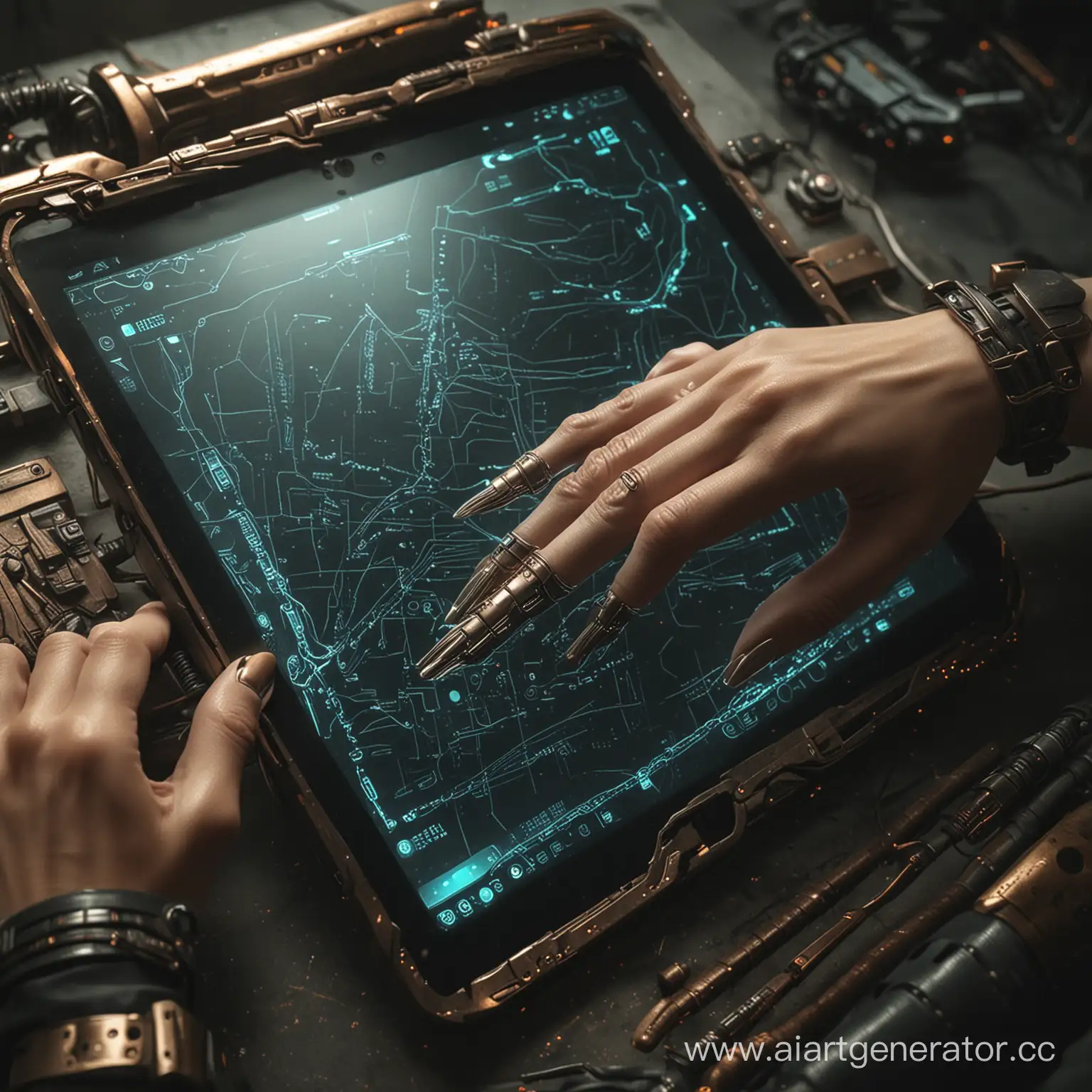 Bronze-Cybernetic-Fingers-Flipping-Tablet-Cyberpunk-2077-Realistic-Photo