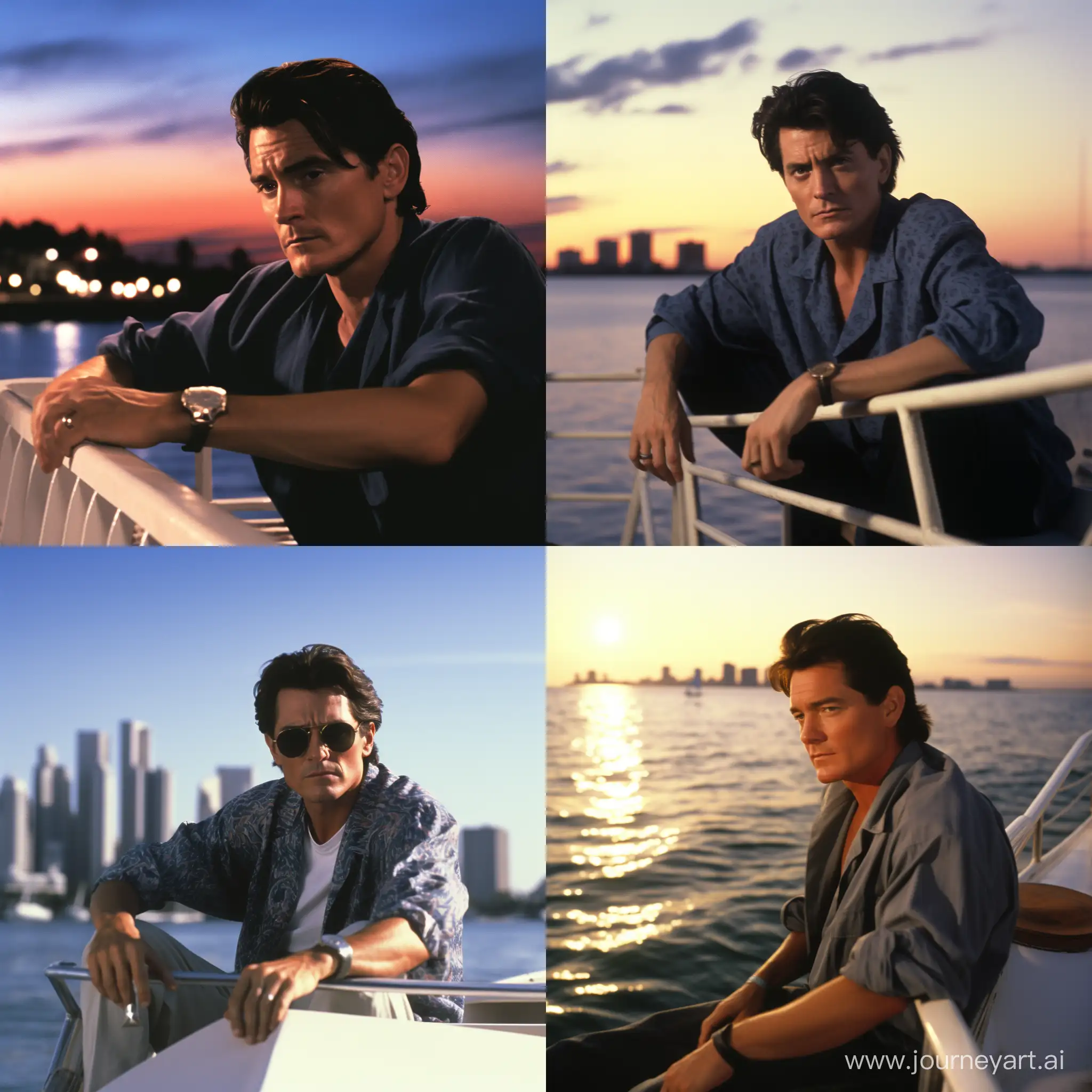 Escene Cinematic from movie of John carpenter the 1980s of Charlie Sheen on boat in Miami Beach 