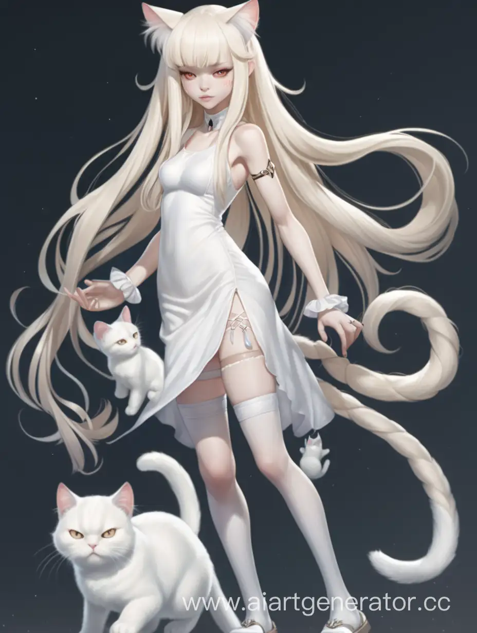 Кошкодевочка альбинос с длинными распущенными волосами и двумя кошачьими хвостами в белом коротком платье и белых чулках концепт арт