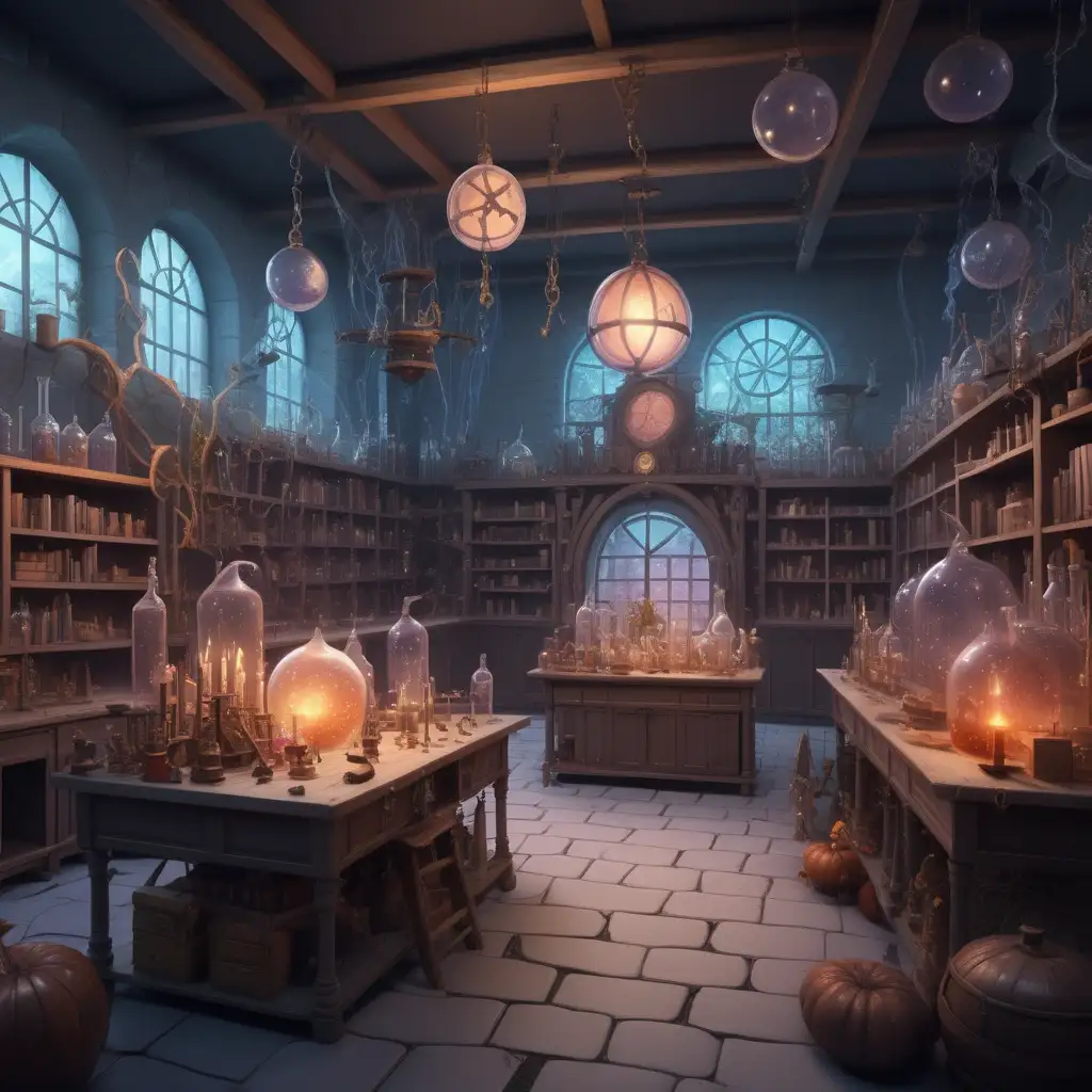 fantasy world themed laboratory, 15 students, female teacher is a witch

