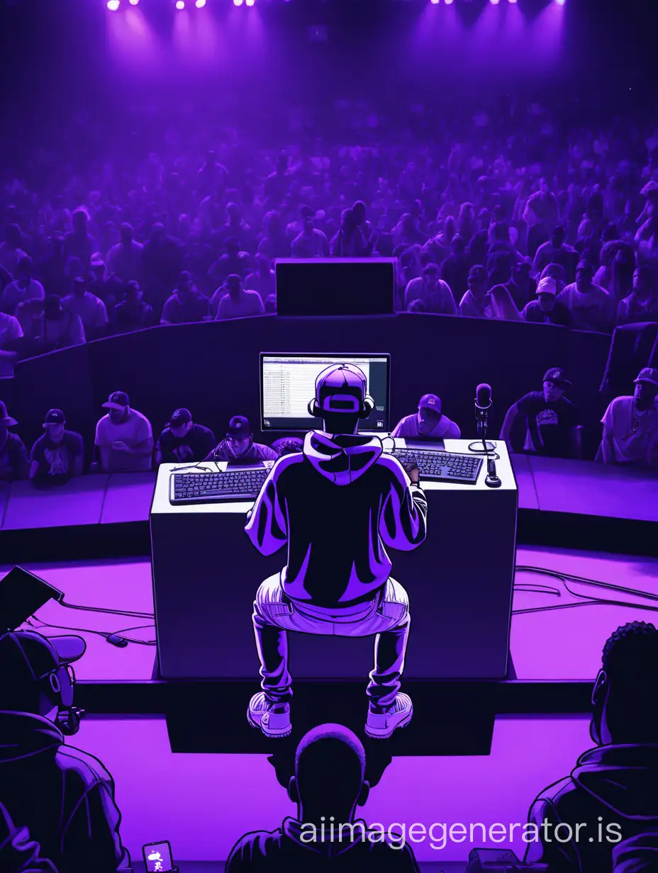 a beatmaker sits on a large stage and writes a beat on a computer with his back to the audience, spectators with microphones stand in front of the stage and rap to the written beat, the dominant color is purple