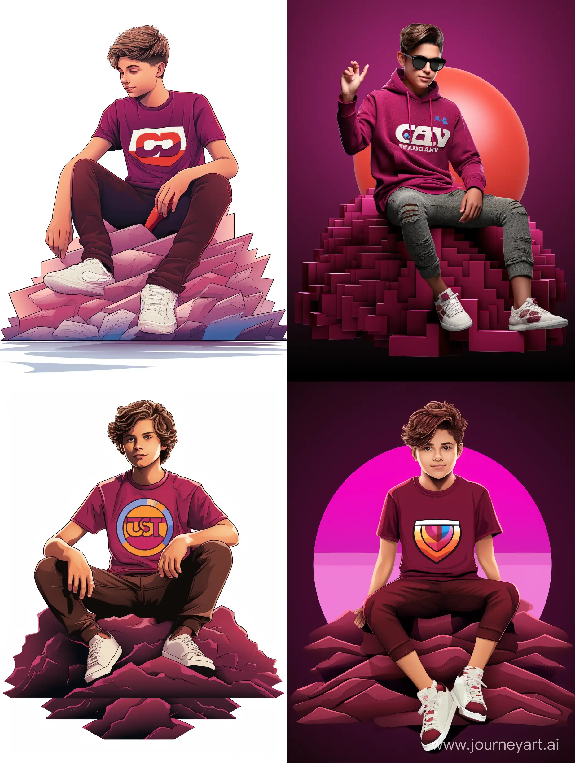 Teen boy sitting casually on top of "Instagram" logo. The character must wearing cherry name printed tshirt. The background of the image is a social media profile page with a user name "charan_cherry974" and a profile picture of character, 3d