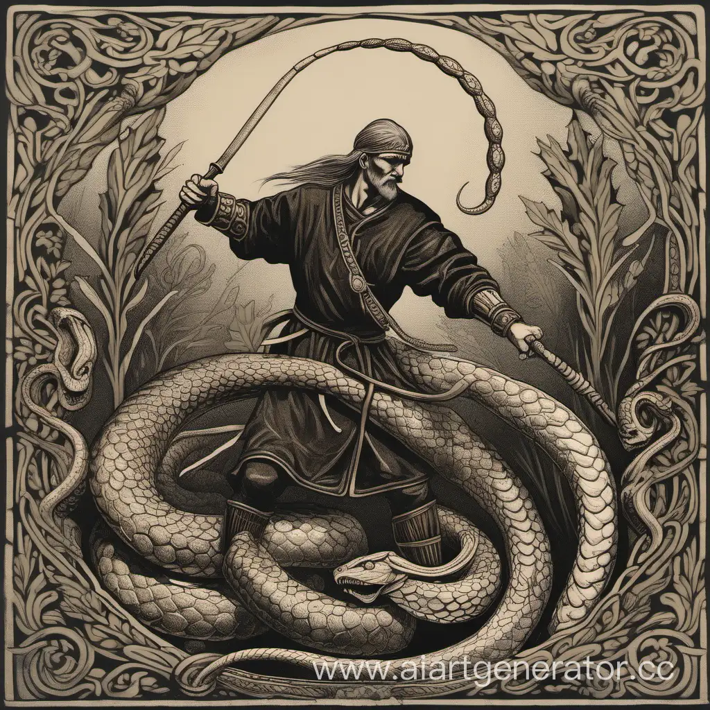 Slavic healer warrior battles with a serpent