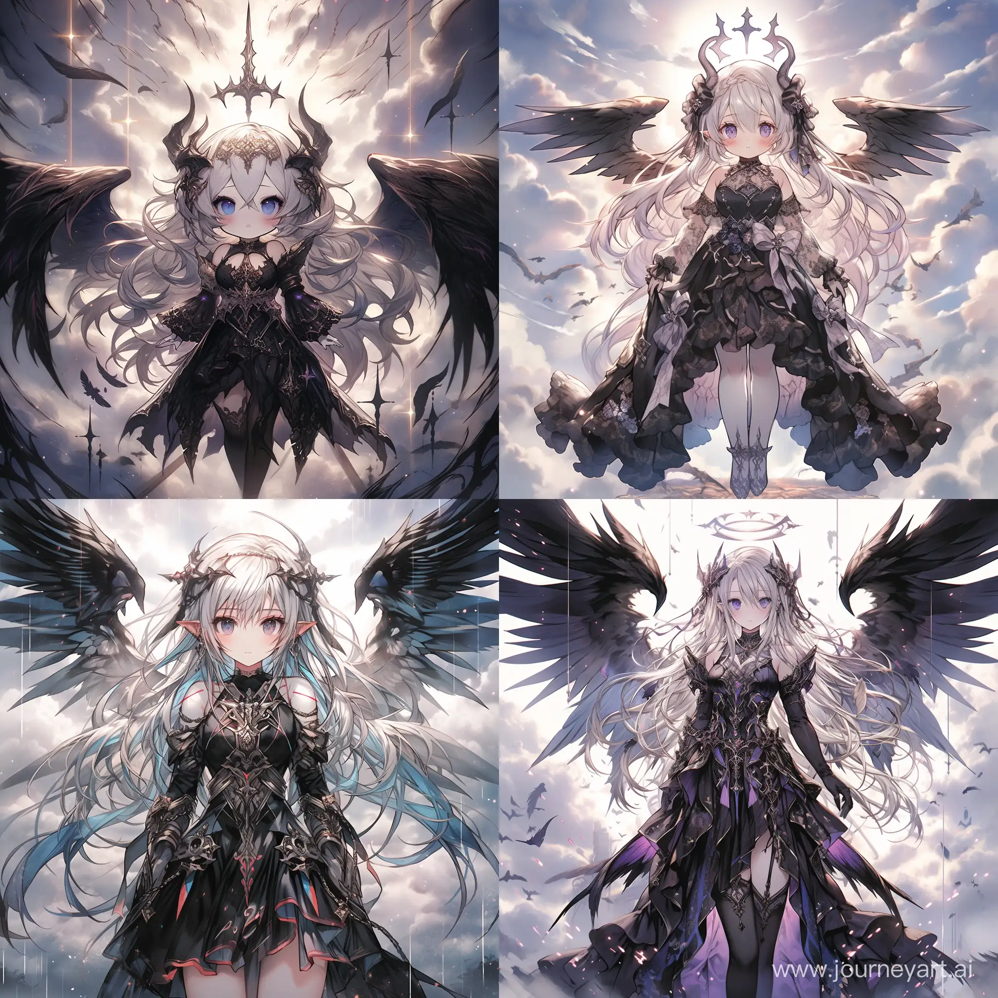 Kawaii girl dark angel with large black wings, standing in front of a sky background with white and blue hues, the angel has white hair and is wearing a armor-like outfit, the wings are spread out and there are black paint drips trailing from them, --niji 5 --s 500 