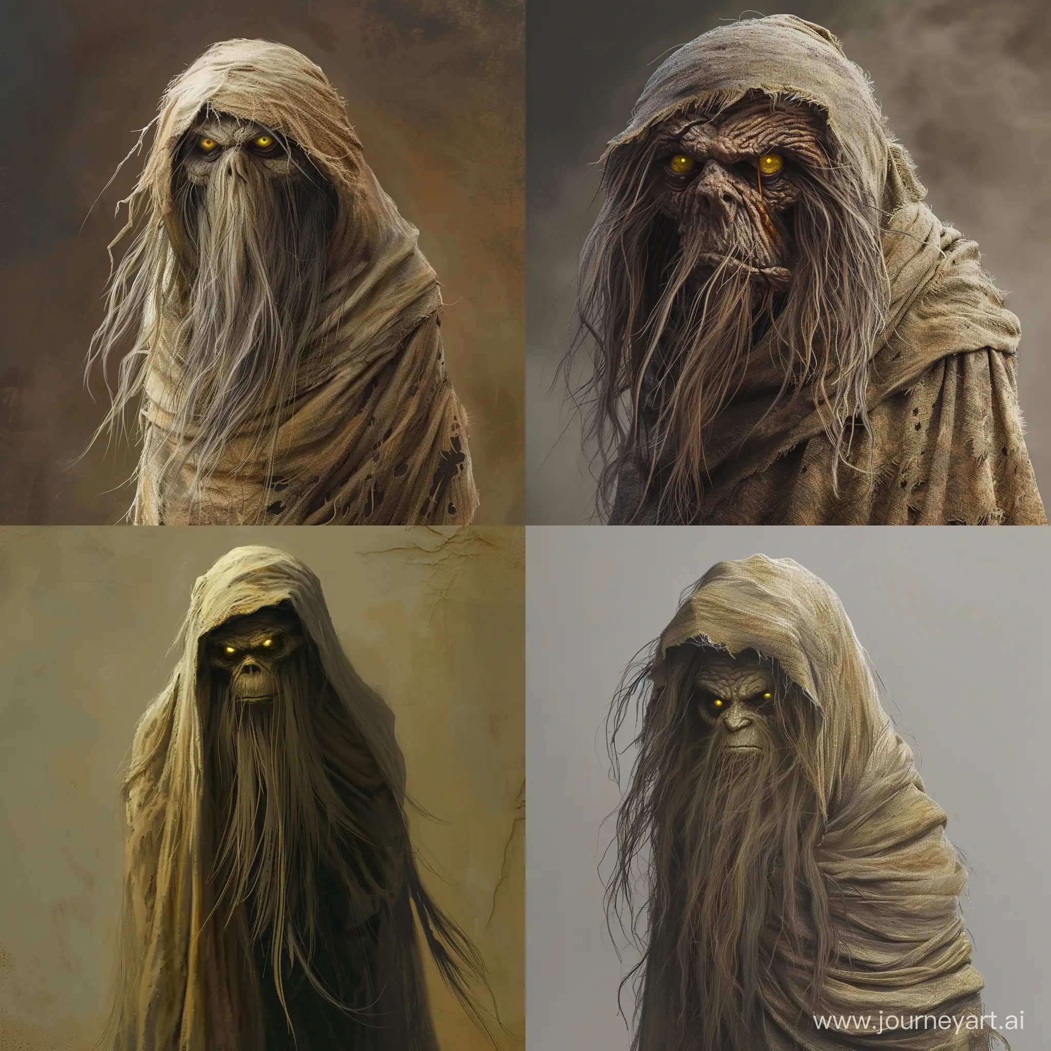 a goblin with full-length long hair, his face and entire body are wrapped in a baggy cloth in the manner of a poncho, with yellow evil eyes\
