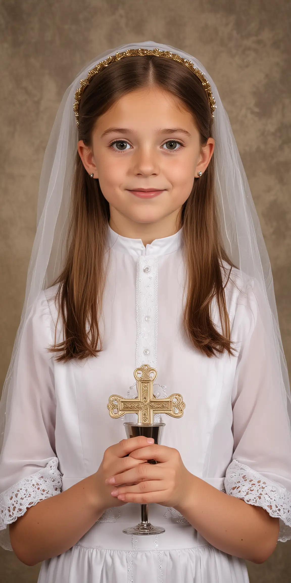 Irish Communion Girl in Traditional Dress with Church Background | MUSE AI