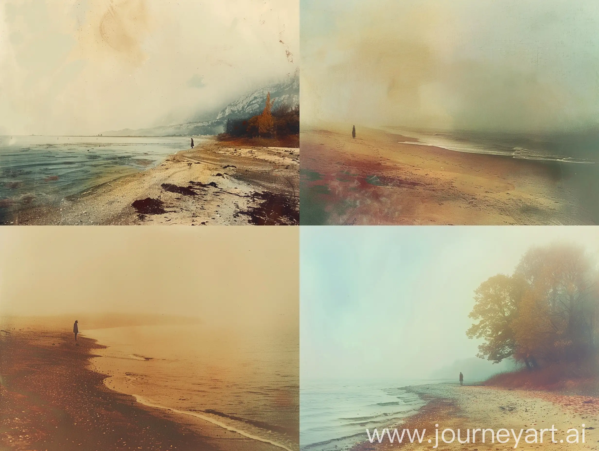 A distant view of a lonely French poet on a beach on the planet Juiter, 1970, autumn colors, misty morning