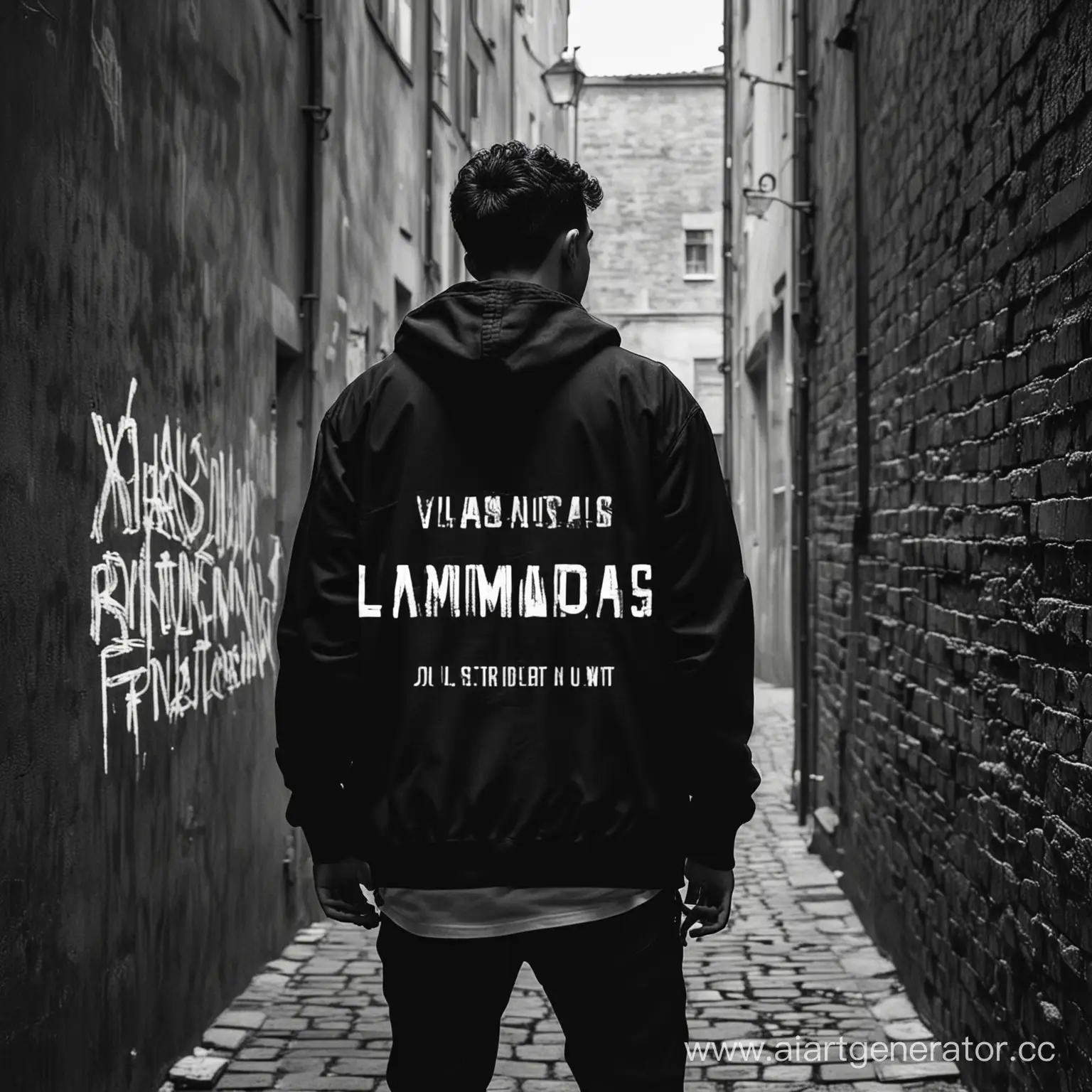 Обложка для песни в рэп исполнении на которой молодой парень стоит спиной в темном переулке с надписью Vladus_Marmeladus