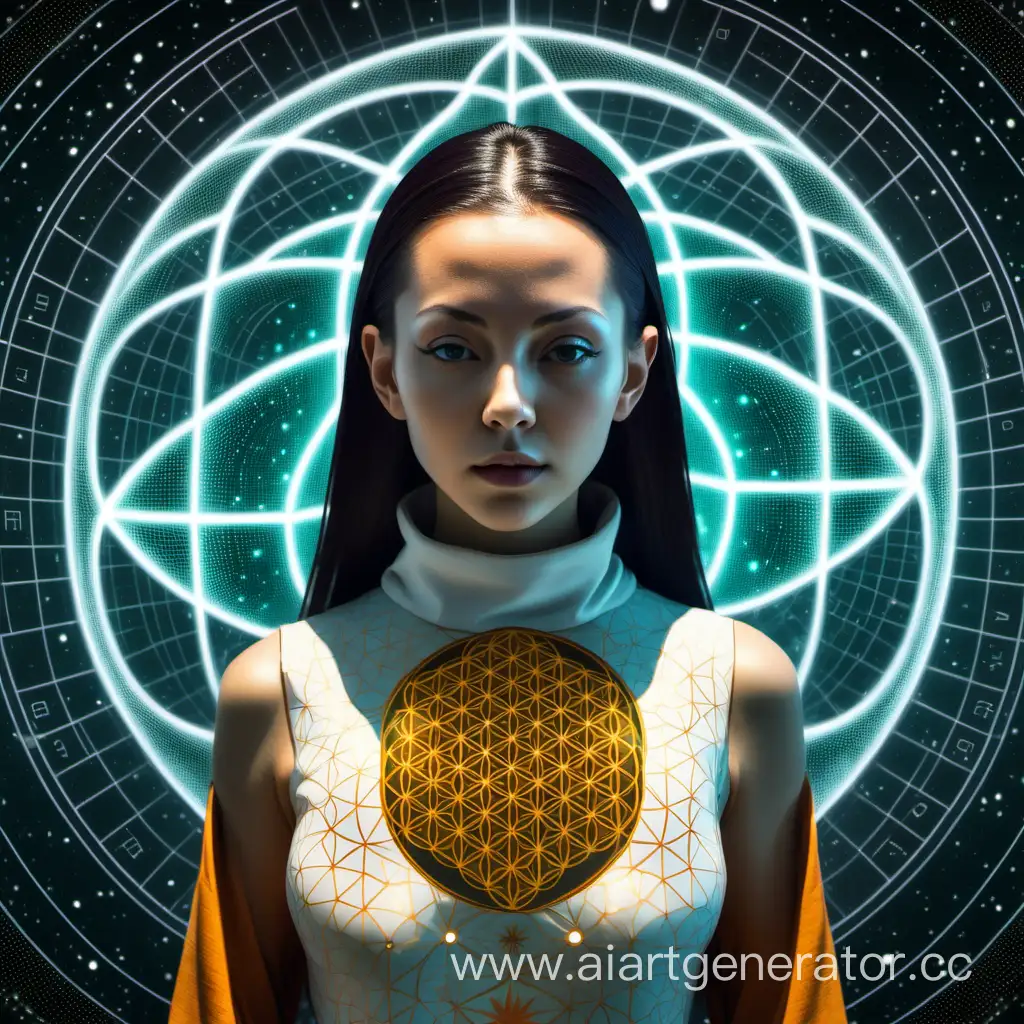 изображение 4К космическая девушка похожая на монаха растворяется в матричных кодах, за его головой геометрия цветок жизни