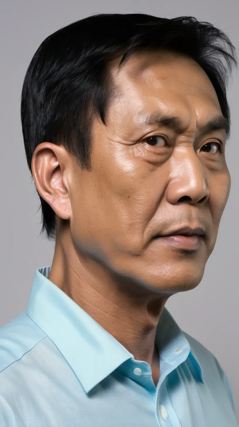 South East Asian Middleaged Man in Light Blue Shirt Left Side Profile Portrait