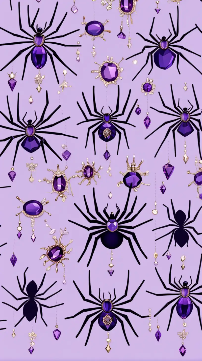 Elegant Lavender Background with Ongoing Spiders and Jewels Composite Pattern