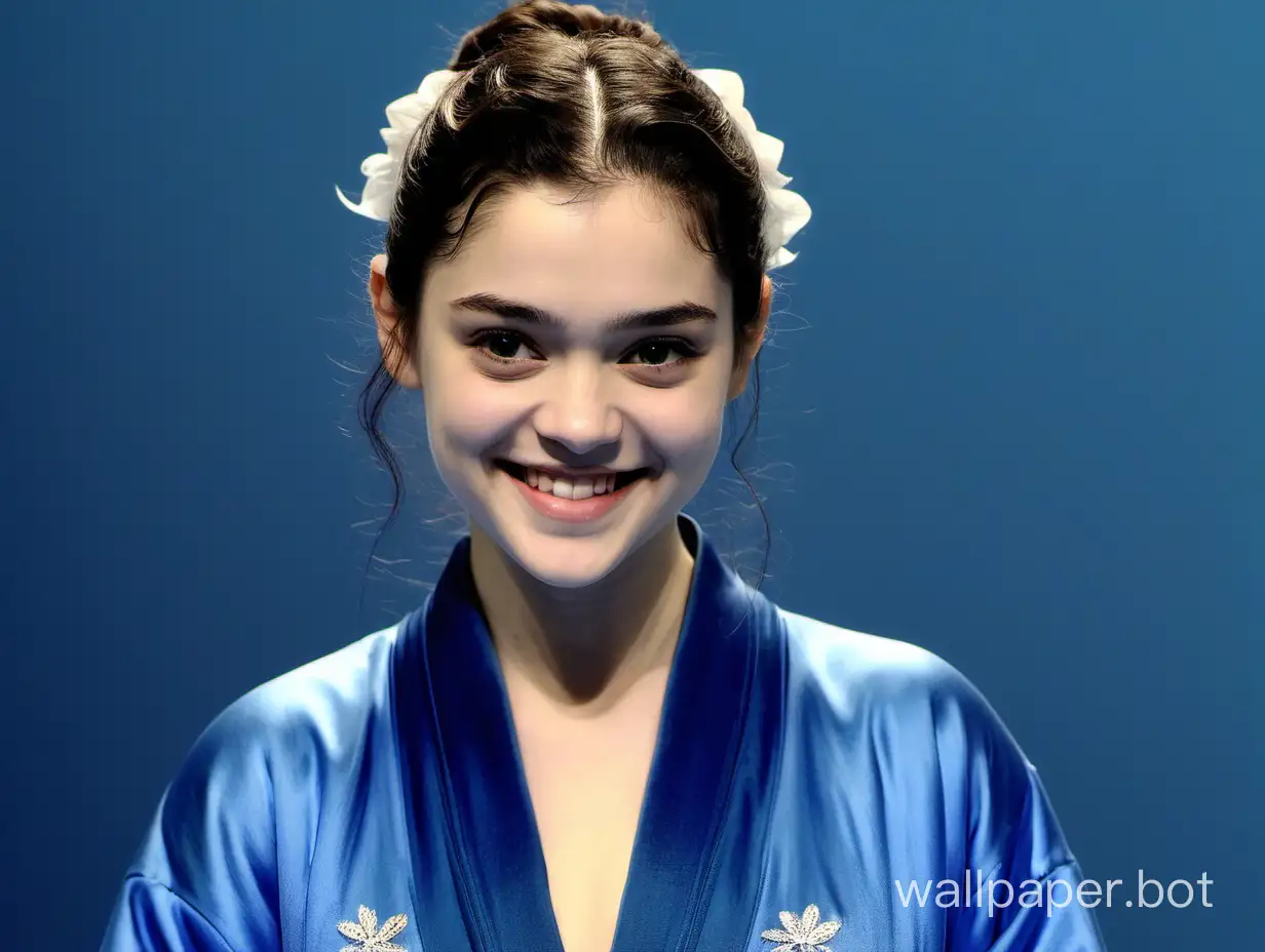 Yevgenia Medvedeva in a blue silk robe smiles
