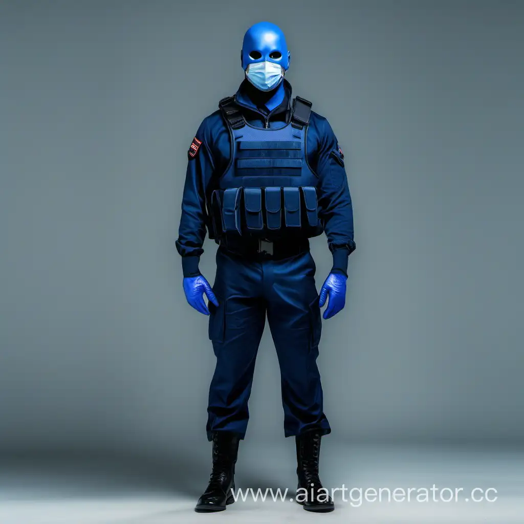 a man dressed in dark blue military vest and clothes with pants, he have dark blue gloves and a dark mask where the eyes glow blue. There's also a blue smile on the mask