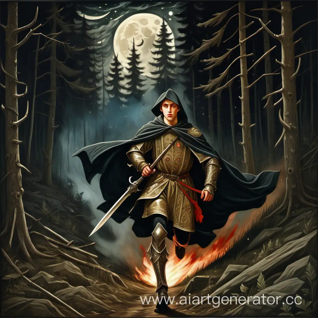 NeoRussian-Style-Vasnetsov-Art-Young-Warrior-Night-Run-in-Forest-with-Torch