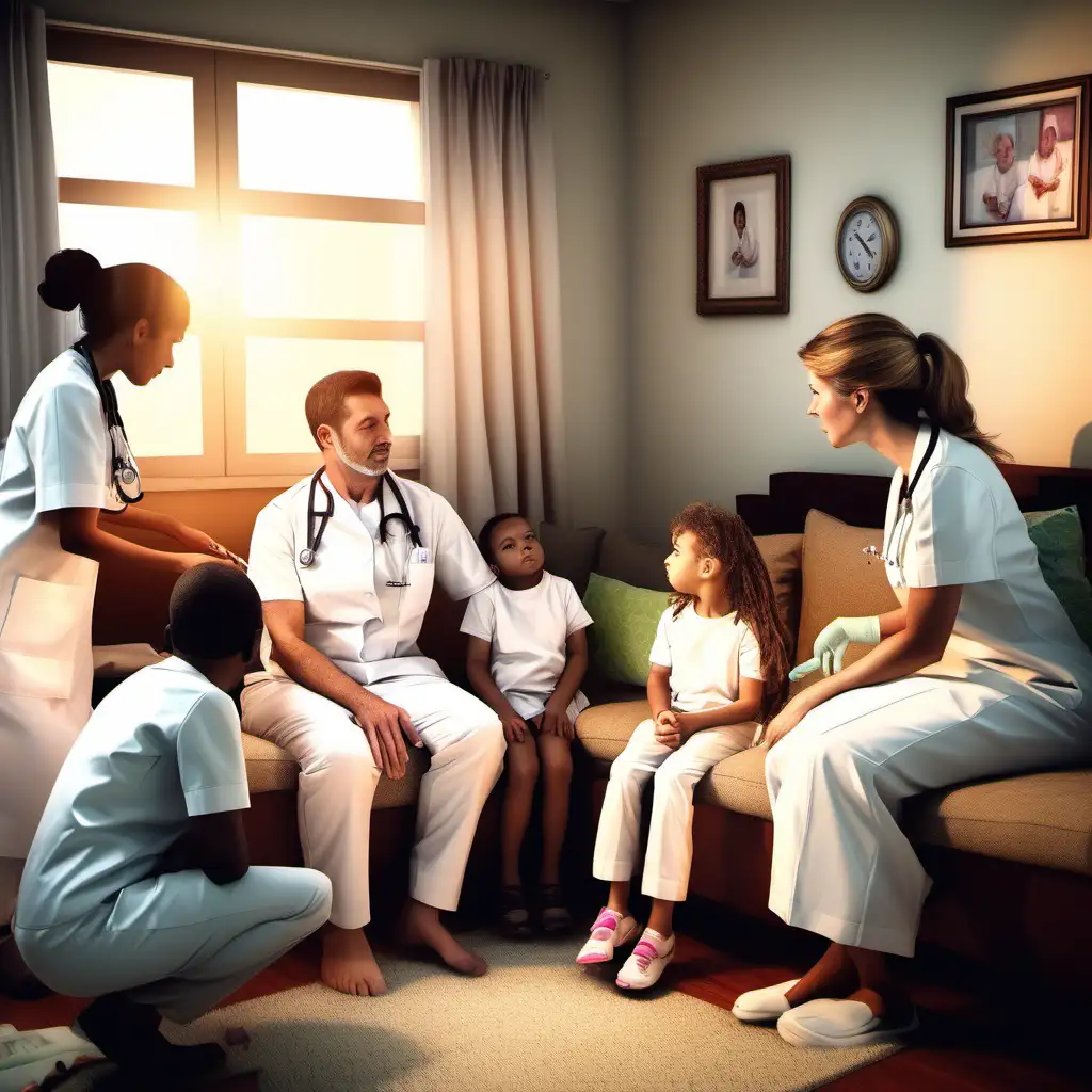 Home Visit Nurse in White Uniform Attending to Sick Patient Surrounded by Family