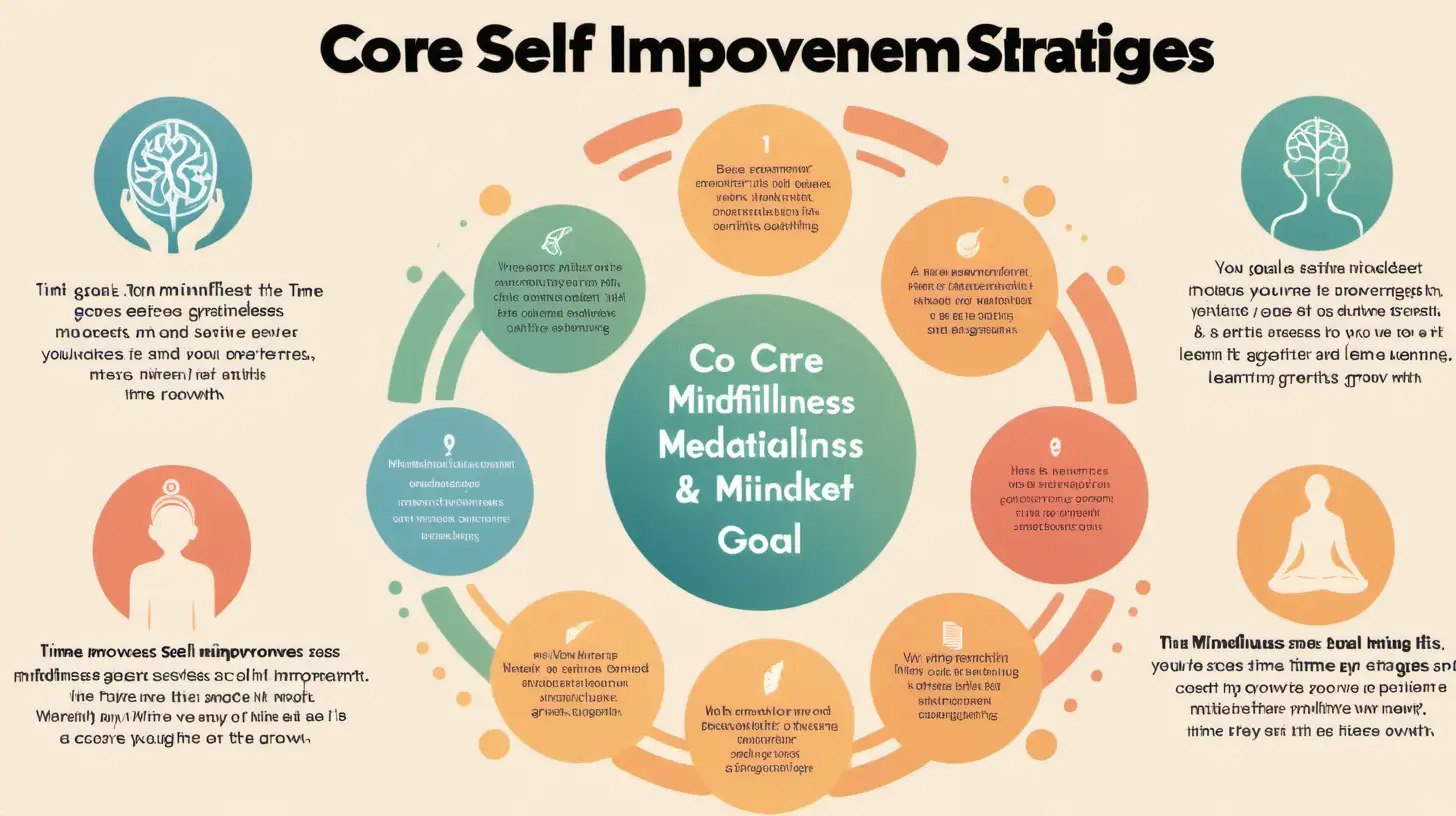 an infographic summarizing the core self-improvement strategies: Mindfulness and Meditation, Goal Setting, Time Management, and Learning and Growth Mindset.