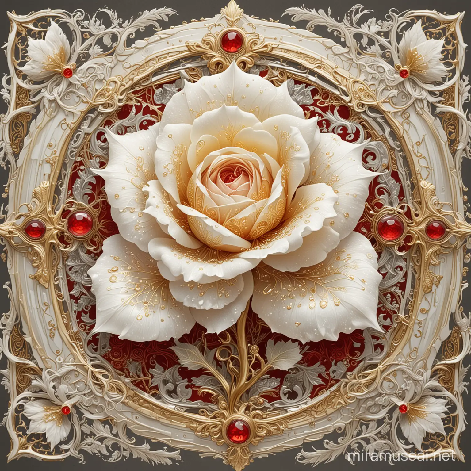 infographic of one morph ice rose artifact, specimens of ethereal white clear petals armored with intricate gold lacing, very delicate and beautiful, FINAL FANTASY 10, red gemstone decoration, lithograph, good design sense, highly detailed, Art Nouveau style illustration, watercolor on paper