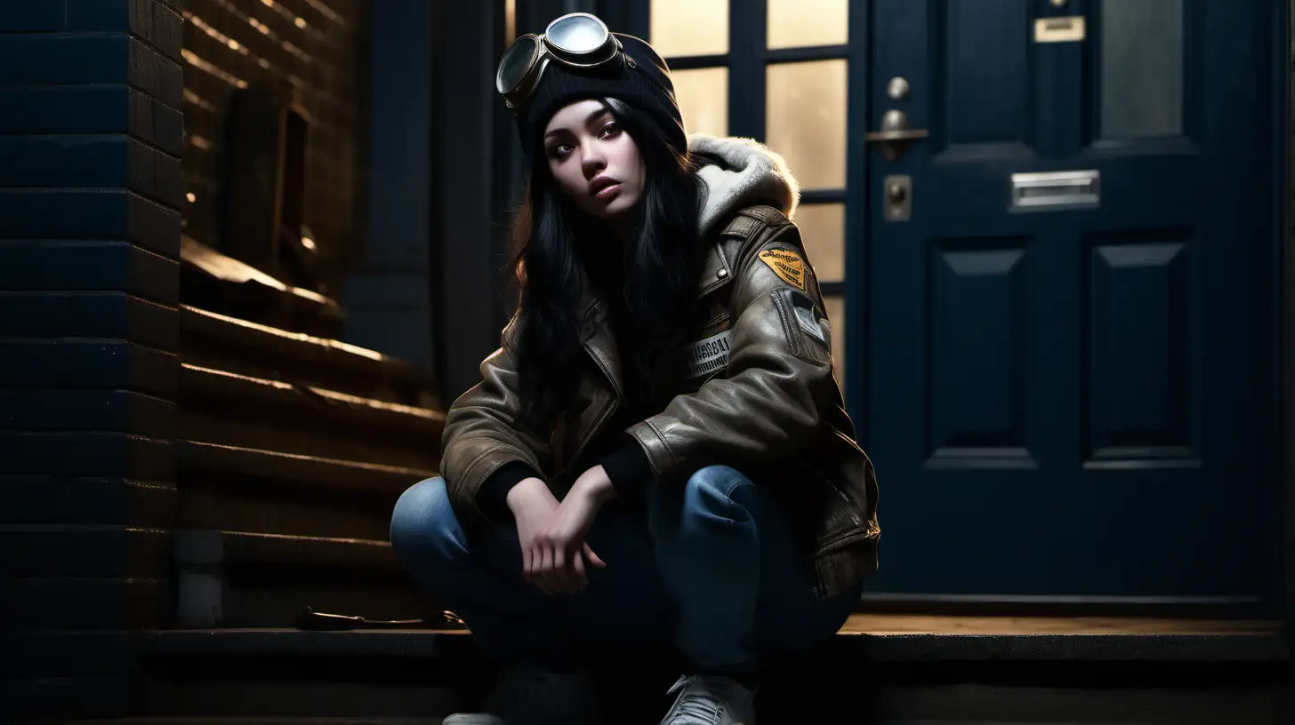 Photorealistic.  18 year old girl long black hair dressed in junker jacket wearing an old football style aviator hat, cowering in a dark corner of building stoop,  helicopter  hovering shinning bright Zeon light on stoop. The scene takes place in future London on a moonlit night.  Sense of mystery. Cinamatic realism.  