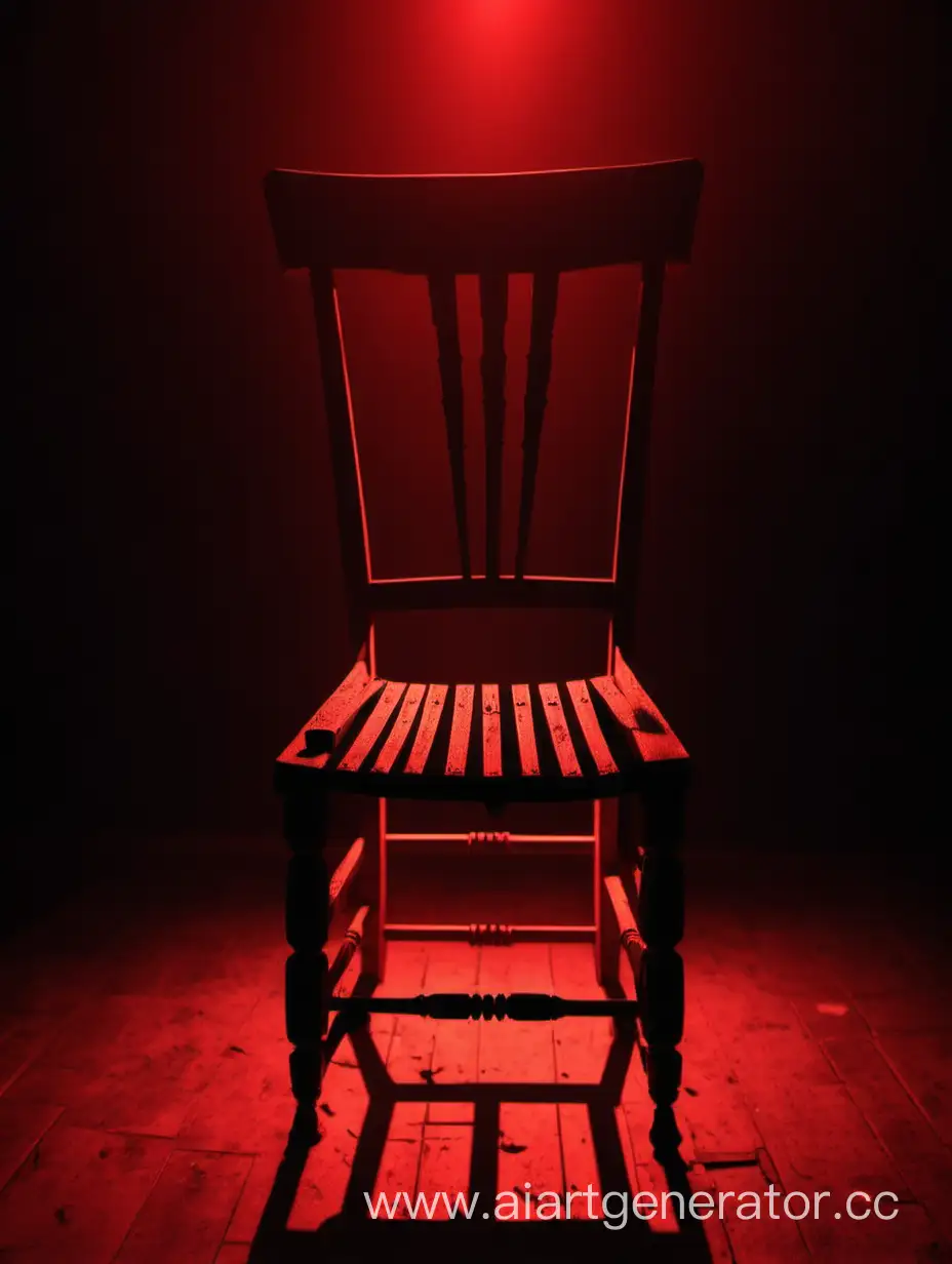 Фотография старого стула в красном освещении, источник света находится прямо над стулом, вокруг стула кромешная темнота, стул повёрнут спинкой назад.