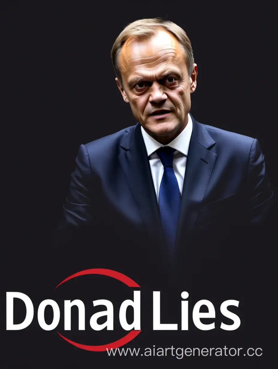 Logo cricle with Donald Tusk, polish prime minister of Poland spreads/tells lies, talks lies - logo in cricle. Donald Tusk is lier. Donald Tusk lies.