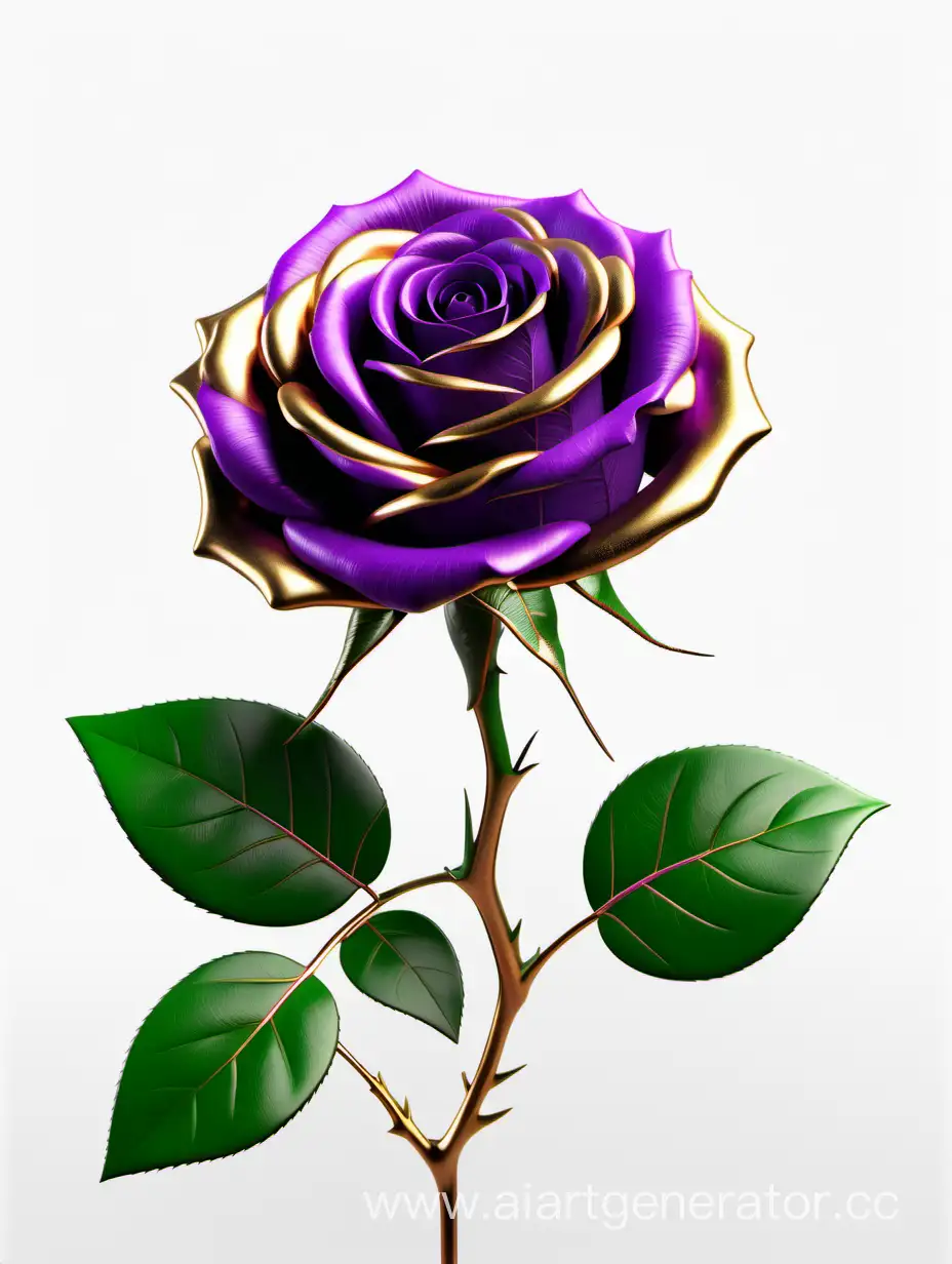 Realistic-8K-HD-Purple-and-Gold-Rose-with-Lush-Green-Leaves-on-White-Background