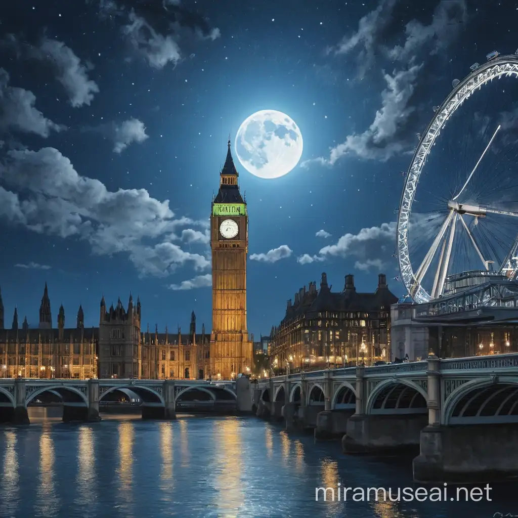 A iconic picture of London, the London Bridge the London eye and Big ben that is hidden in the stars and galaxies and 1 electric blue full moon shining. In a pencil sketch style 