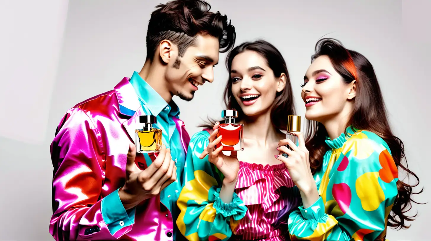 An image of 1 male, 1 female, holding perfume bottle in their hand, looking at each others. The background of the image should be a solid white. Happy and cheerful expressions. All wearing colorful outfit.