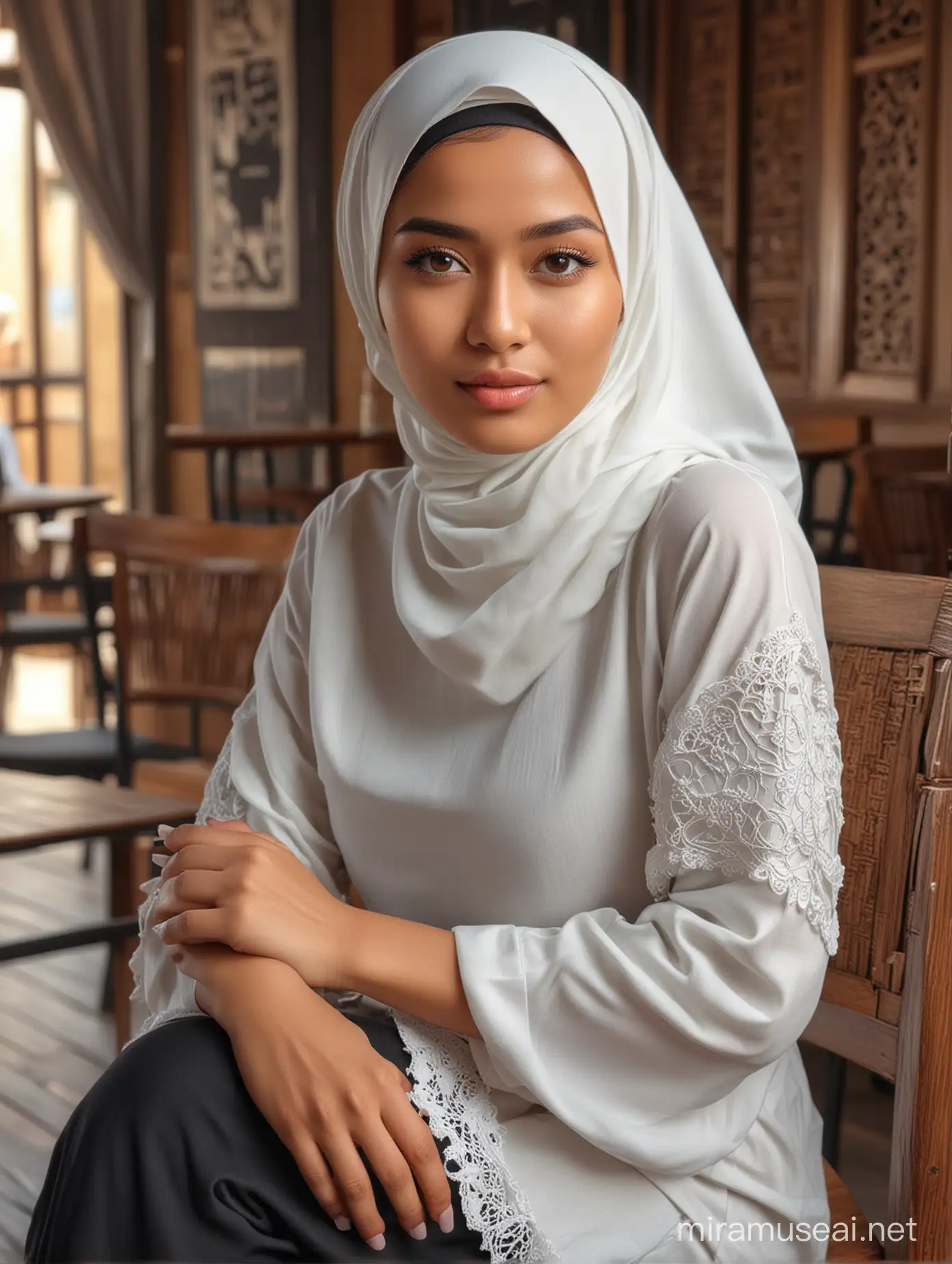 beautiful Indonesian woman, 24 years old, light edge, graceful, very detailed, sharp focus, shining eyes, wearing hijab complete with white loose brackets, covering the whole body, wearing black shoes, Enhance, dynamic shot, sitting on a wooden chair, background  caffe, professional photography, 3D, HDR, 16K UHD
