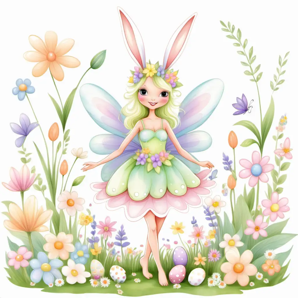 Very Whimsical Easter fairy, bold pastel colors , cartoon, fairytale, white background , spring flower garden,bunny