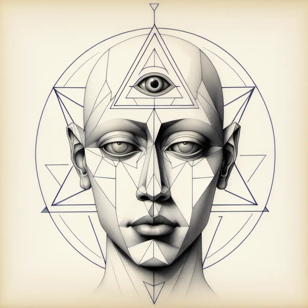 drawing of Abstract humanoid's face like geometrical object with third eye triangle on forehead, made by very tiny concentrated strait lines very close to each other