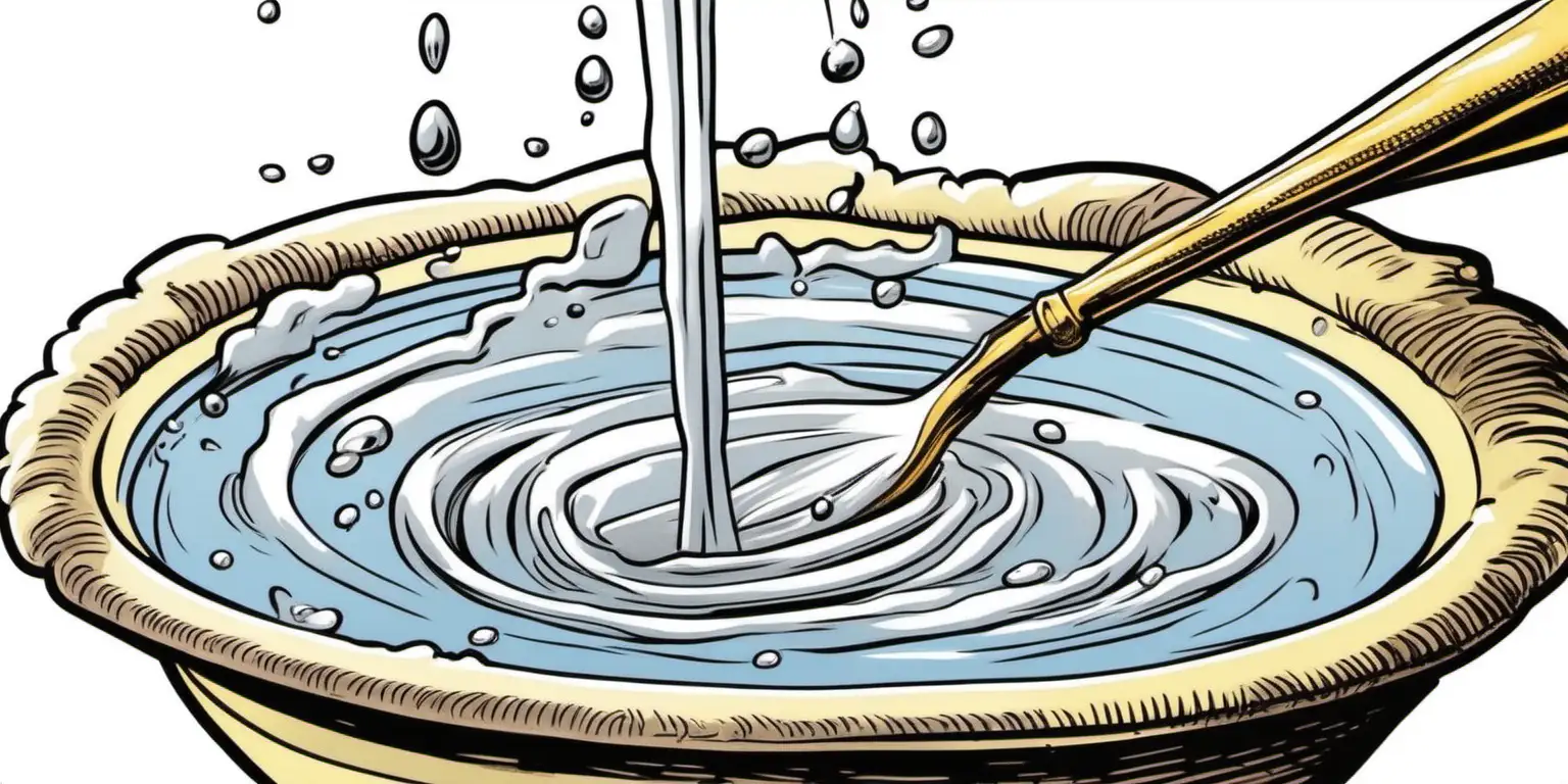cartoon of a spoonful of lead being gently  poured into water for Bleigießen