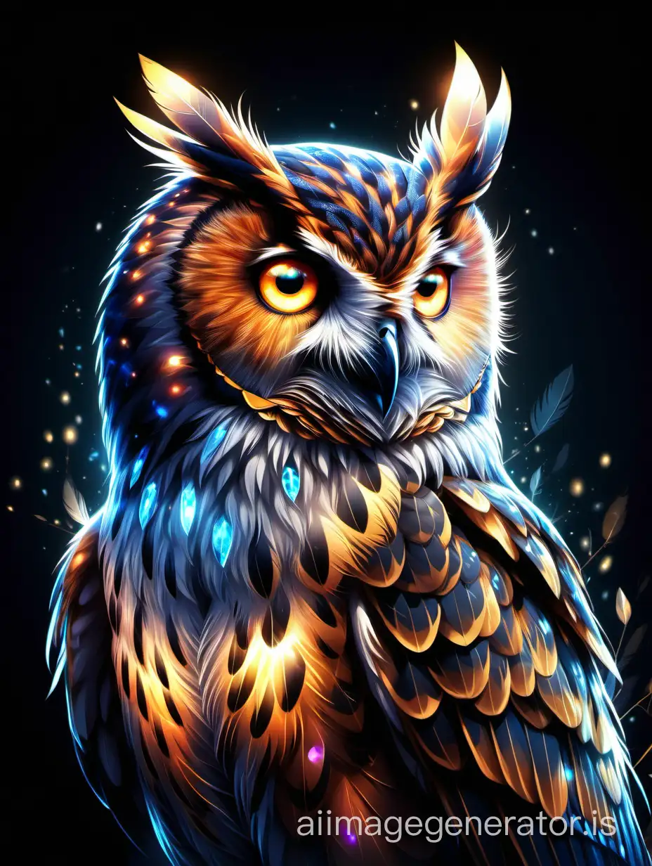 wild beautiful owl, feathers, glowing, fantasy realism, fantasy graphics, vector graphics, HD, bright eyes, majesty, bright colors, light, crystal, soft lighting, dark tones, realistic