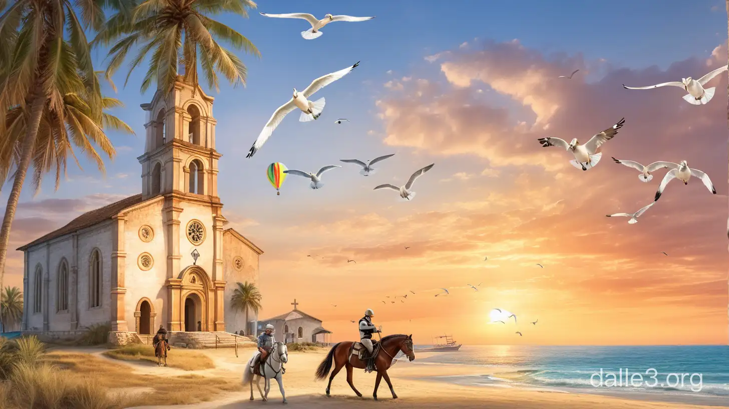 On the seashore under a palm tree stands a horse with a rider. Nearby stands an ancient Christian church, near it grazing horses and cows. Sunset. In the sky above the sea flying seagulls and in the distance can be seen paraglider. 