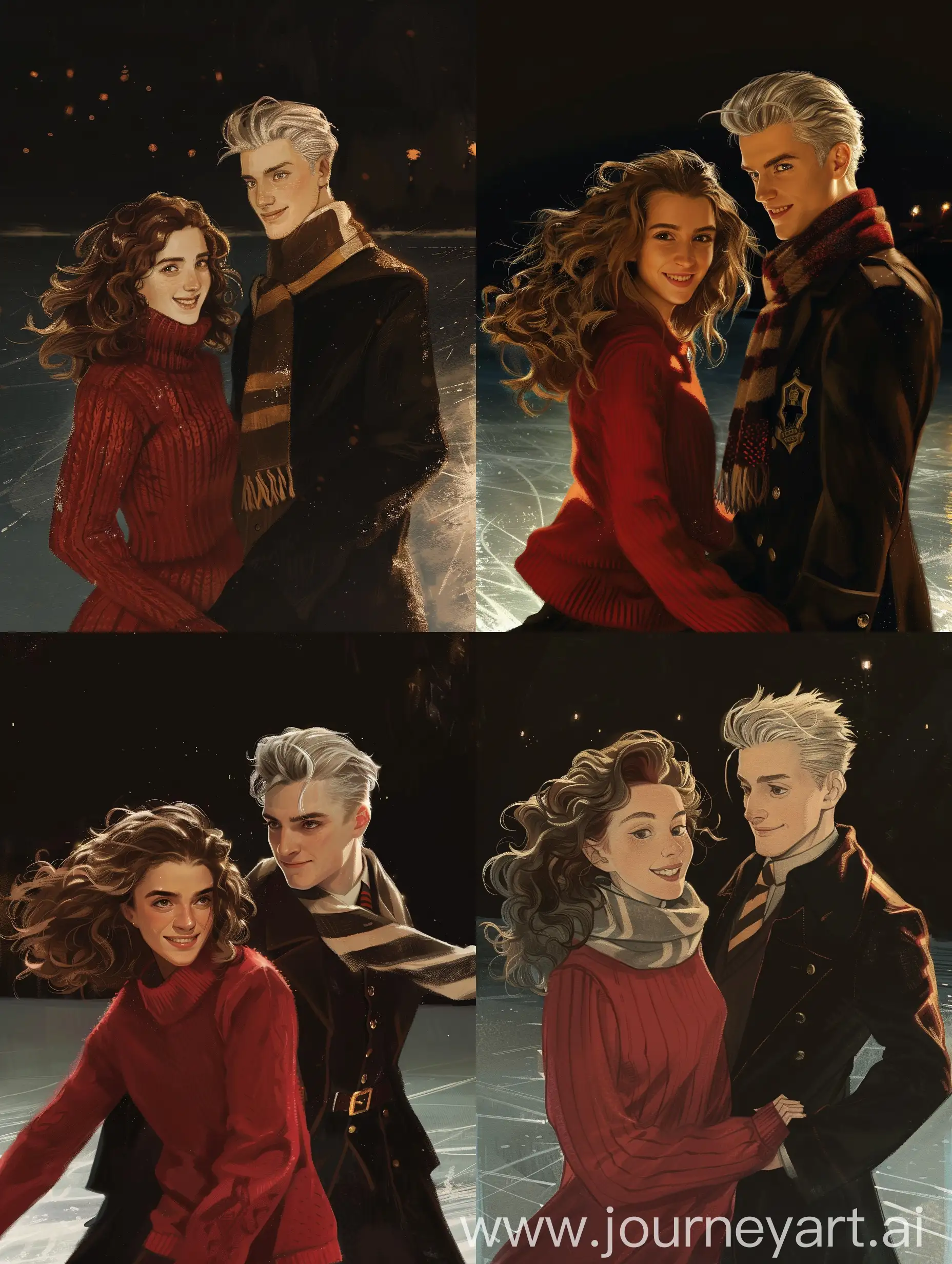 book cover. hermione granger 17 years old and draco malfoy 17 years old. ice skating. night. black lake. hogwarts. warm light. hermione is in warm red sweater, wild curly brown hair and brown eyes. she's shy smiling. draco is serious. platinum blond hair, grey eyes, elegant black coat, slytherin scarf.