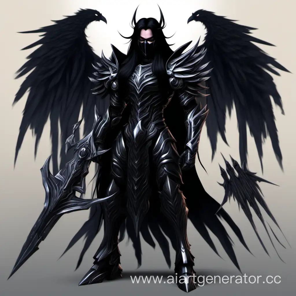 темный создатель с 4 крыльями черными в черных доспехах и в маске так же у него длинные черные волосы