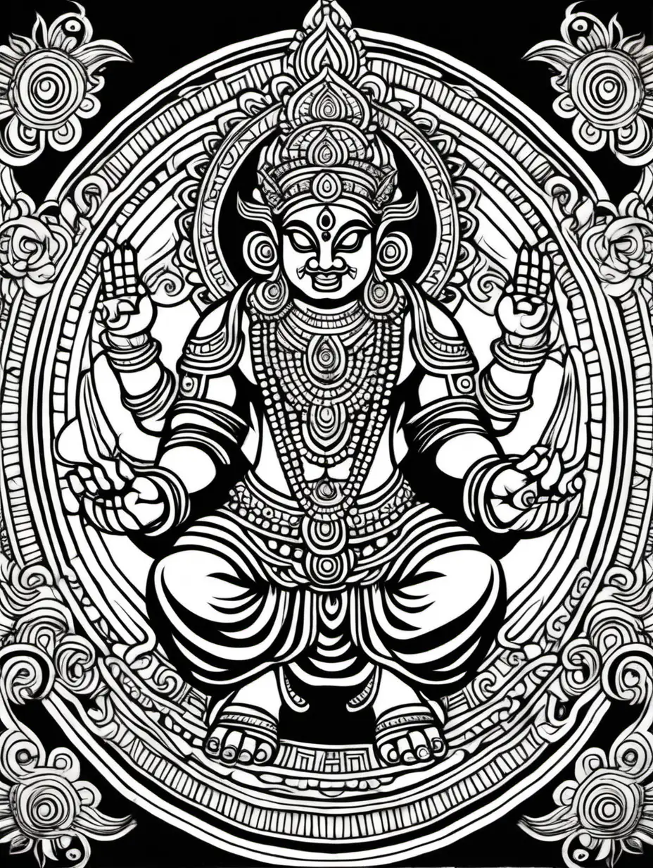 --v 5 --q 2 --ar 9:11 create a simple thin crisp line drawing lord bhairava  in black and white, mural painting style, mandala,  white body, white background, only two hands, no dark or black shades, no black fill and easy for mural style coloring inside 