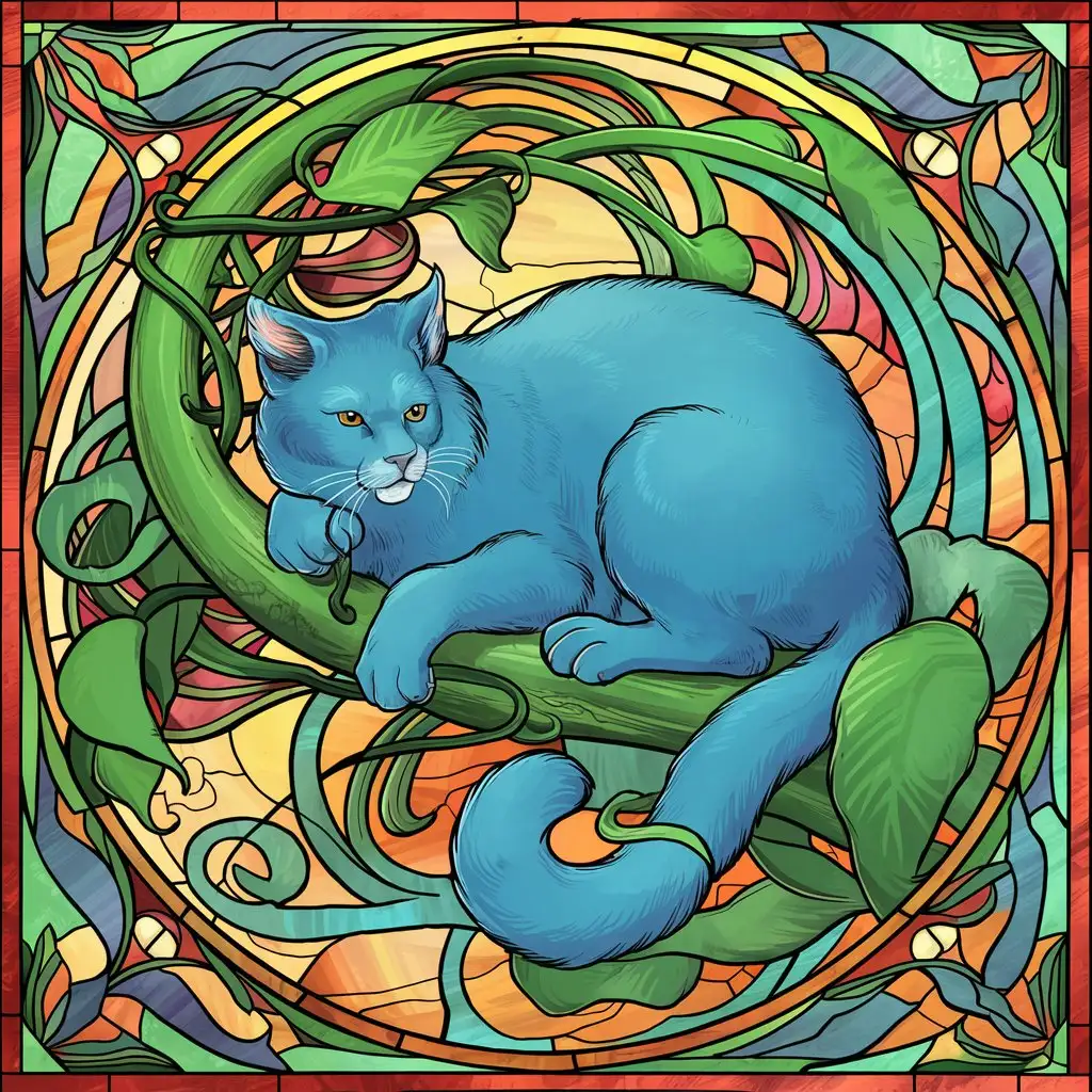 art nouveau stained glass ; majestic blue feline