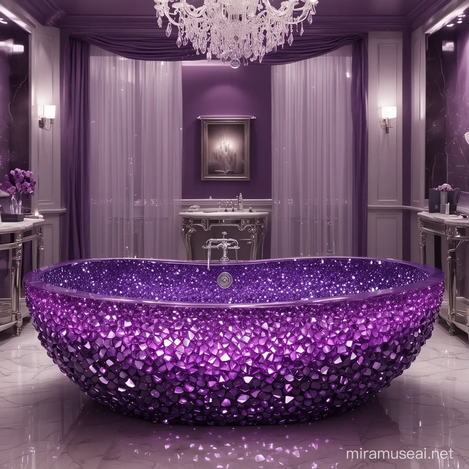 Crea maestoso bagno con cristalli viola, in mezzo alla stanza c’è una vasca fatta interamente di gemme viola luminose, realistica
