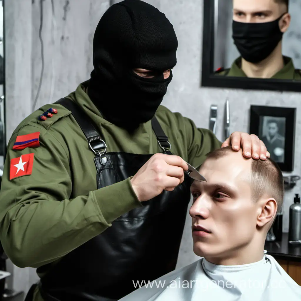 Российский военный в балаклаве стрижет клиента в парикмахерской