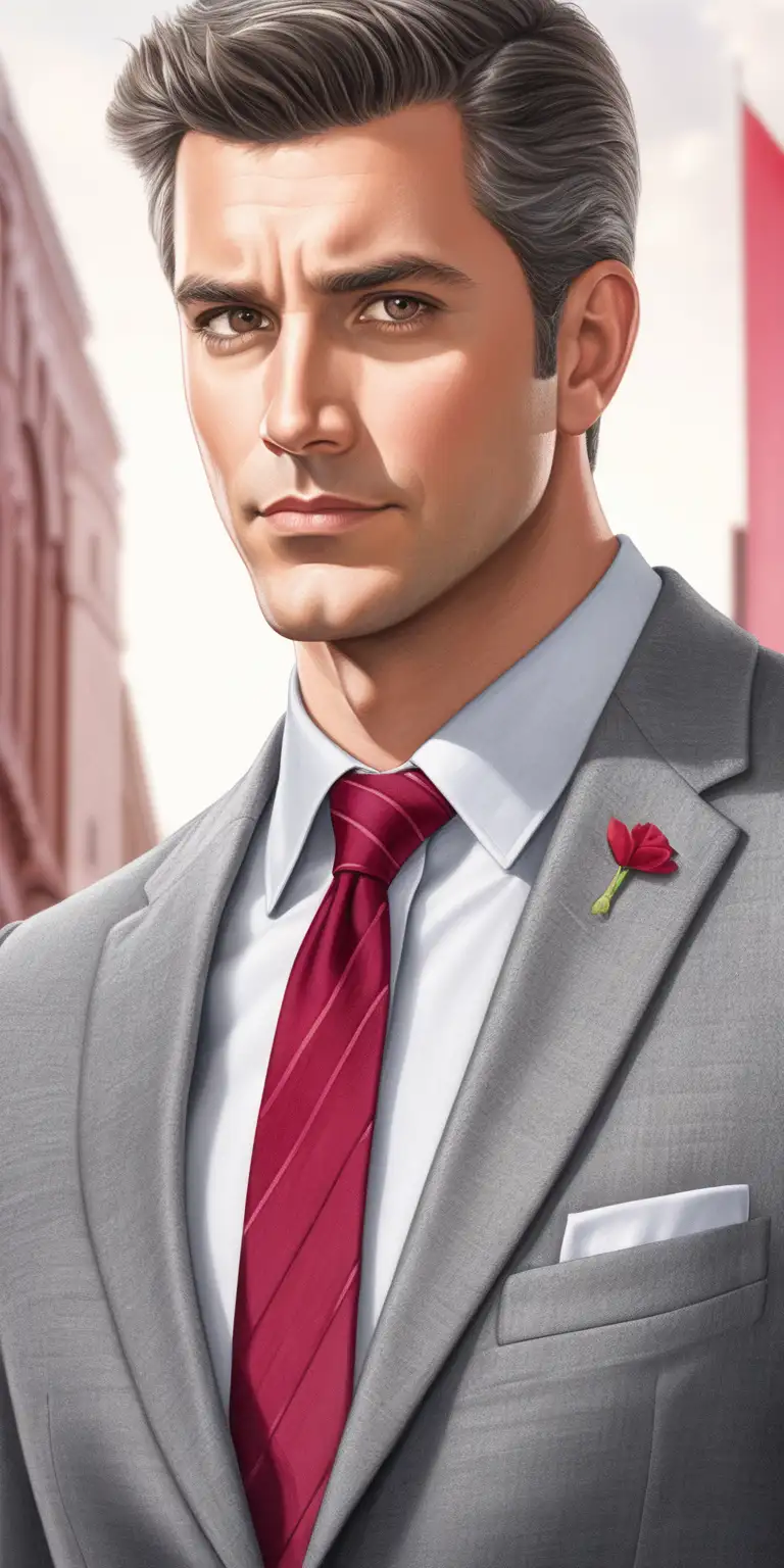 book cover close-up illustration of a grey suit and crimson tie, zoom in on the man's collar, in a rom-com animation style of THAT GUY book cover



