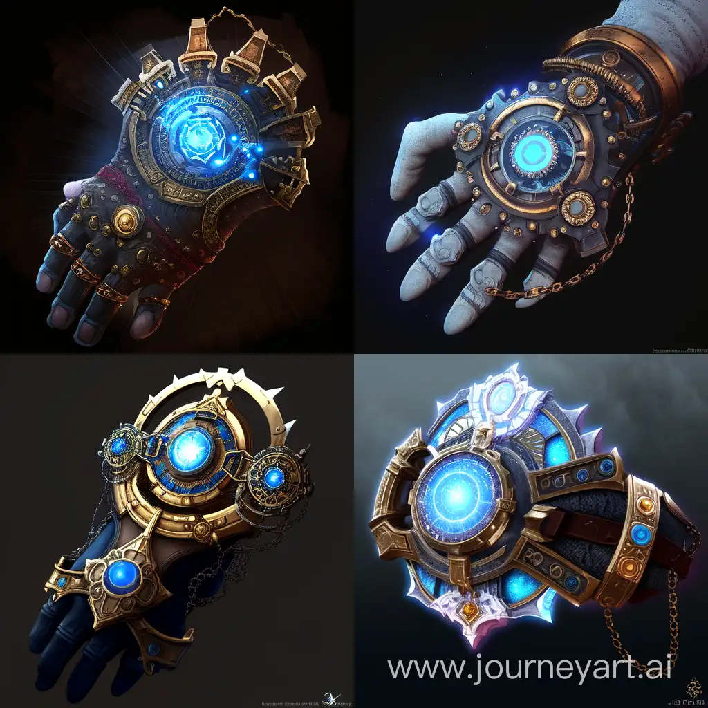 clockwork gauntlet, made of brass and leather, a blue crystal in its center, 5 fingers, fantasy art, black background
