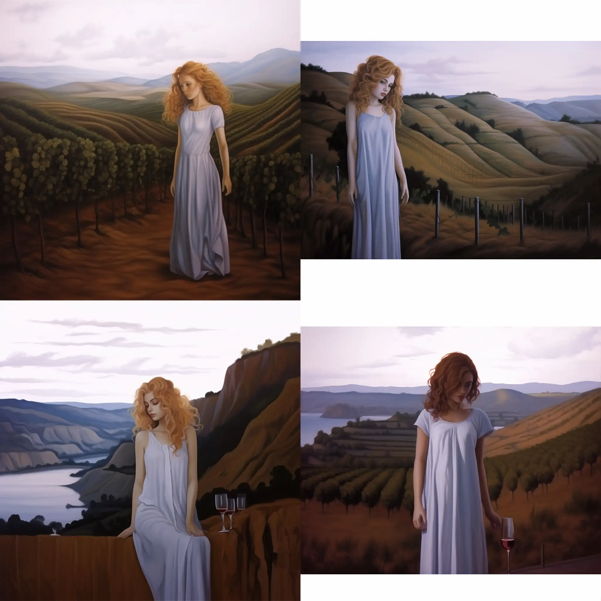 Девушка с блондинистыми вьющимися волосами и белом  платье стоит рядом с обрывом, позади нее виноградное поле и лошадь