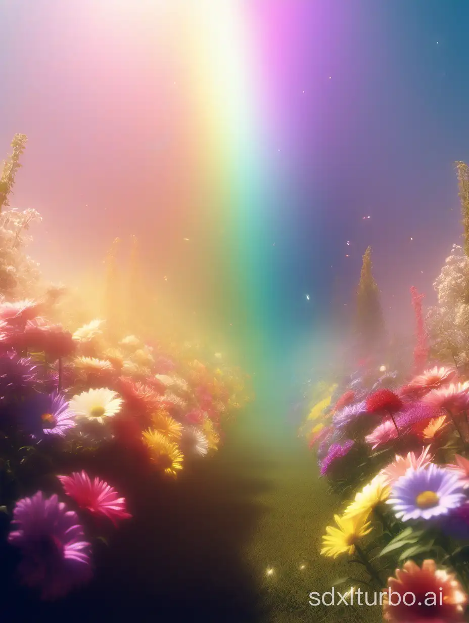 a bunch of flowers that are in the air, beautiful gorgeous digital art, still from a music video, colorful haze, stunning large format photograph, without text, 2 0 1 5 cinematography, breathtaking render, garden utopia, ethereal rainbows