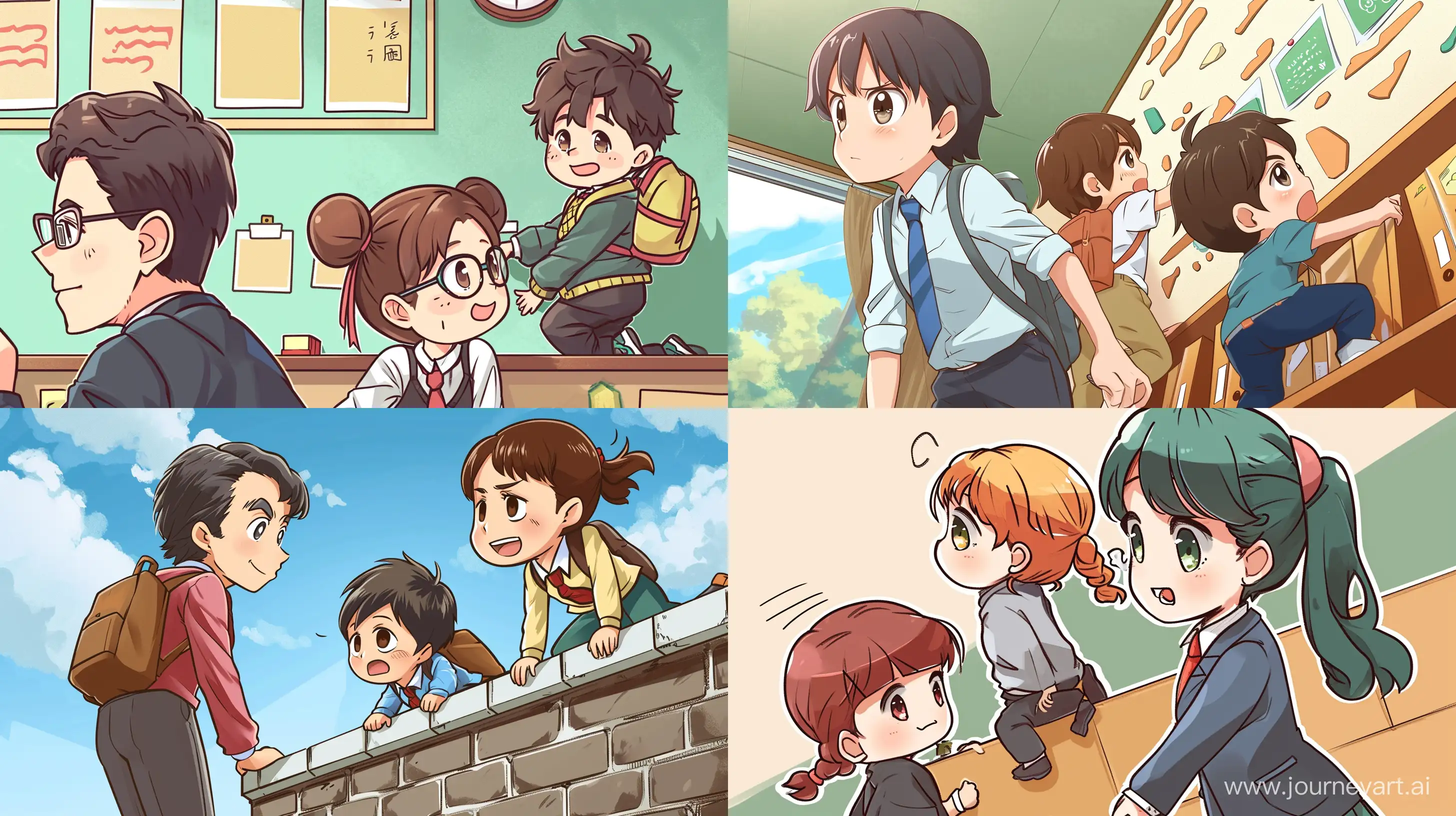 anime style, chibi style,a teacher look at two students, the two students are climbing the wall to go to the class, best quality --ar 16:9 --v 6
