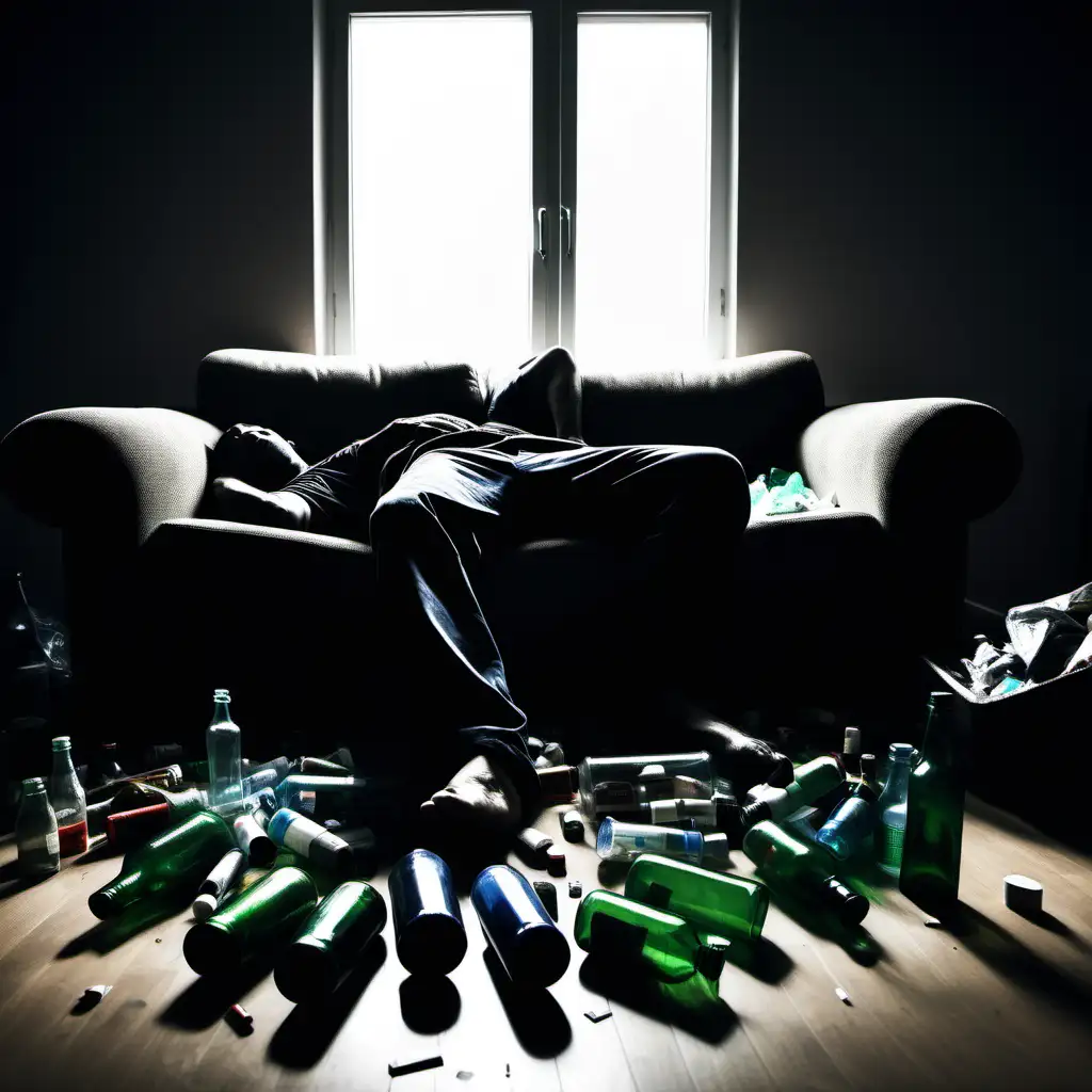 A man sleeping on the couch, surrounded by empty bottles on the floor and on a table, rubbish and trash everywhere, drugs, silhouette, album cover, logo