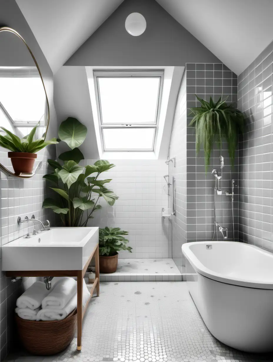 front view on mansard bathroom, roof window, little zellige white mozaic tile on the wall,  big light gray tile on the floor, chrome faucets, plants, shutters cabinet with washing machine