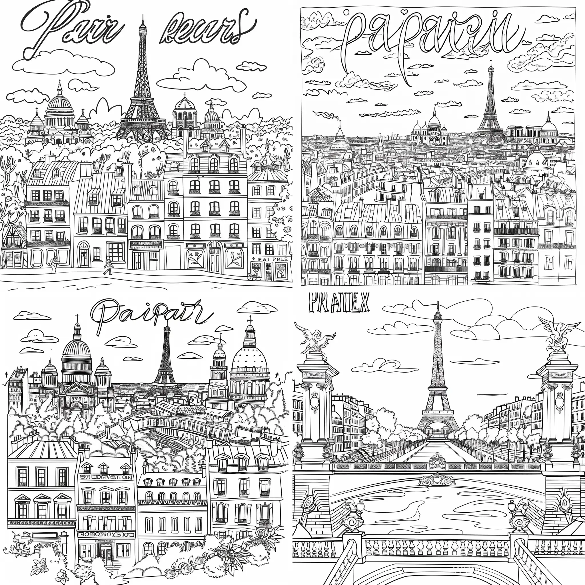 generate coloring book page based on Paris with Paris written on top
