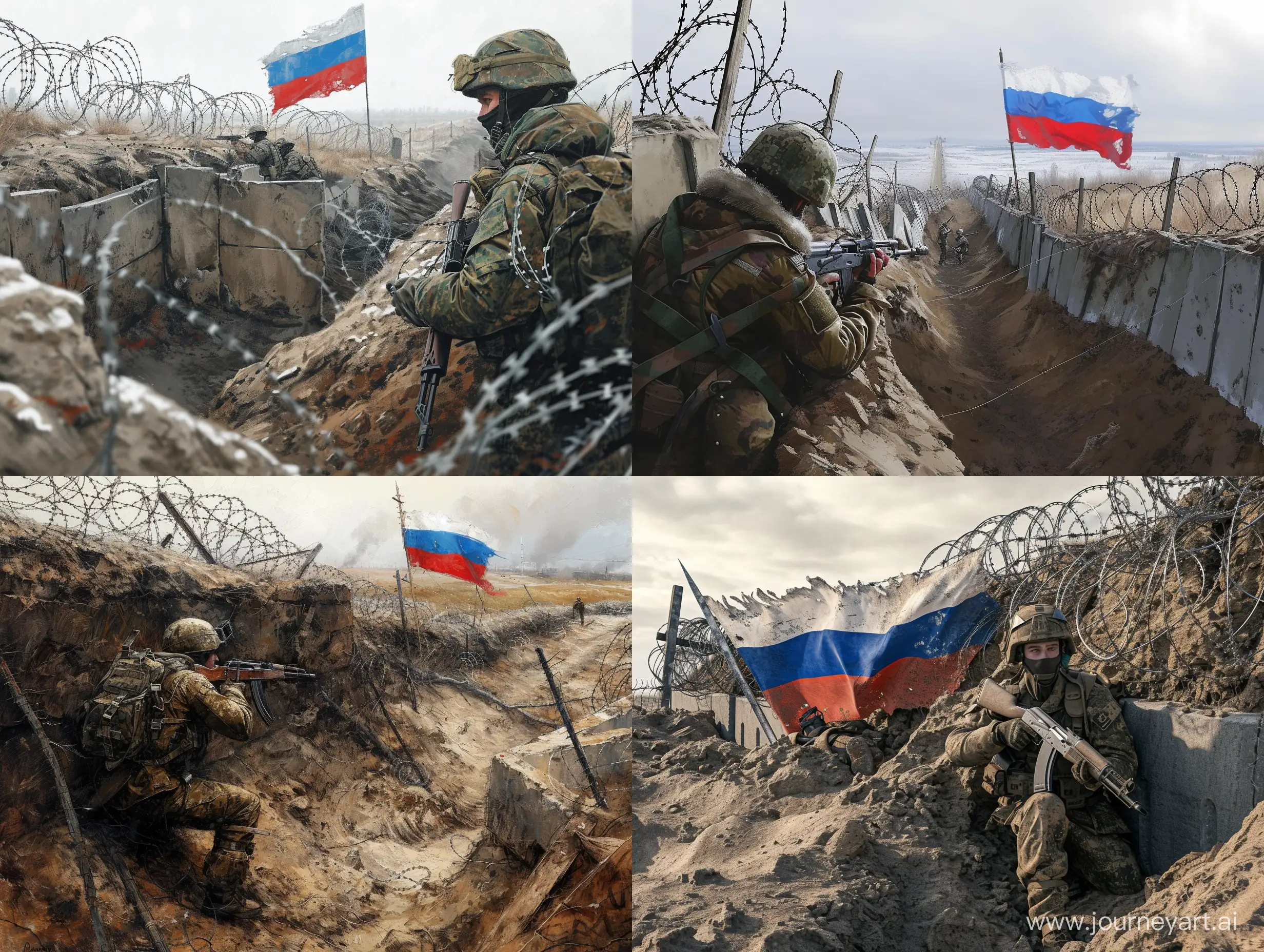 Photorealism, Russia, Modernity, Trench, Fortification, Barbed Wire, Concrete Barriers, Checkpoint, Russian Flag, Russian Army Soldier, Modern Military Equipment, EMR Camouflage, Ratnik Equipment, Weapons in Hands, AK, Kalashnikov