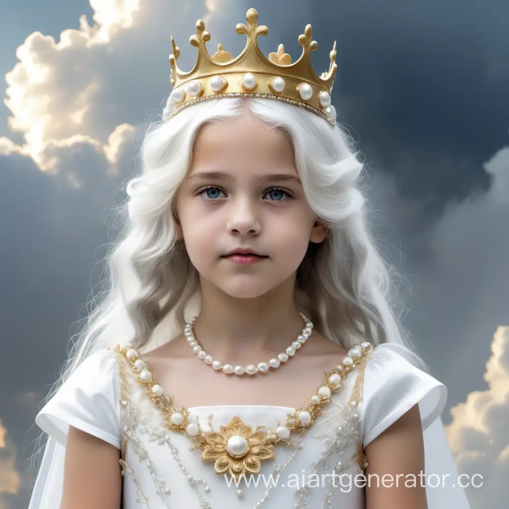 Девочка 12 лет с белыми волосами и серыми глазами. Она одета в белое платье, украшенное туманами и облаками. На голове золотая корона, украшенная жемчугом