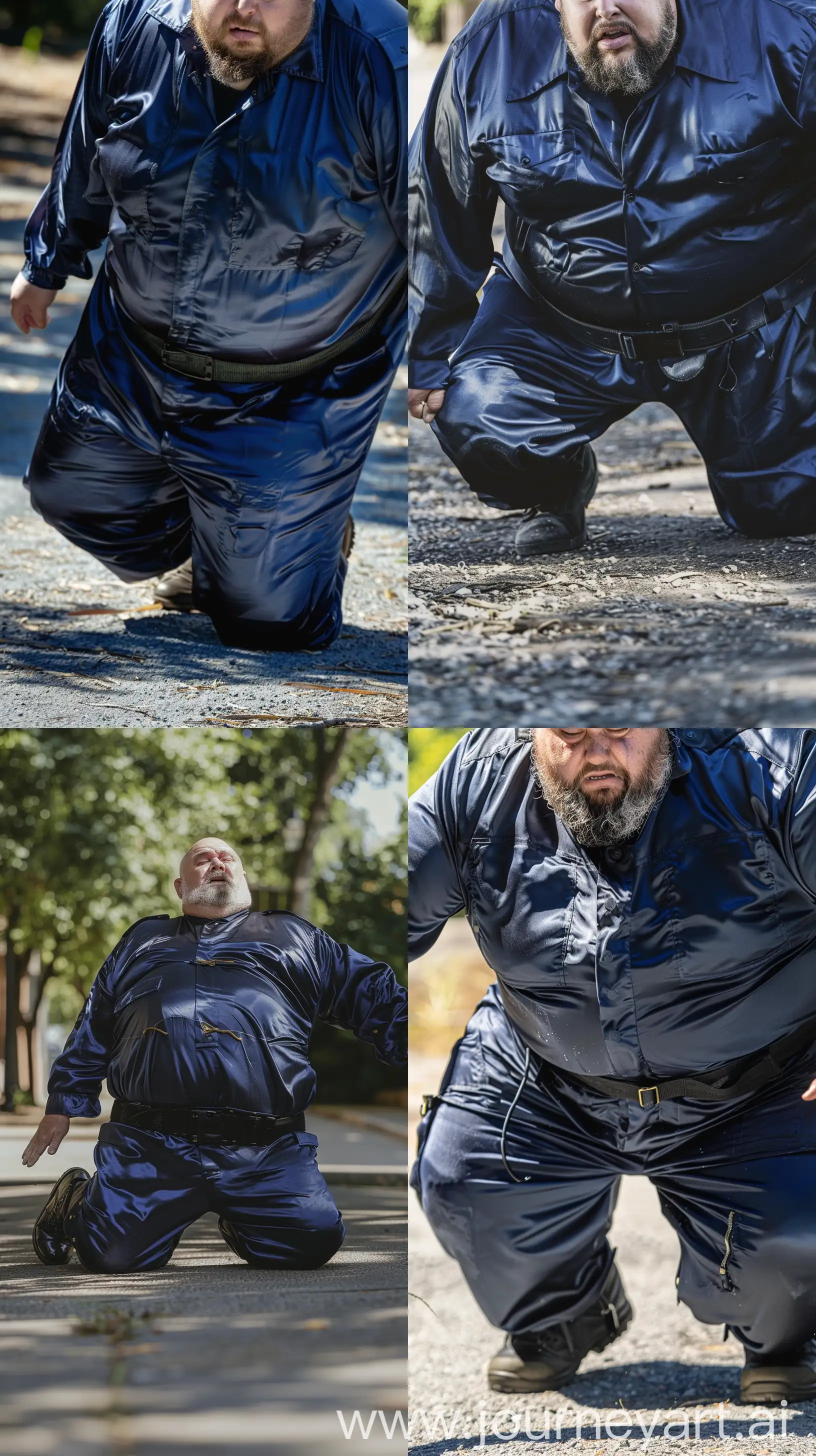 Front close-up photo of a fat man aged 60 wearing silk navy blue tight cargo coverall. Black tactical belt and boots. Falling on his knees on the ground. Outside. Natural light. --ar 9:16